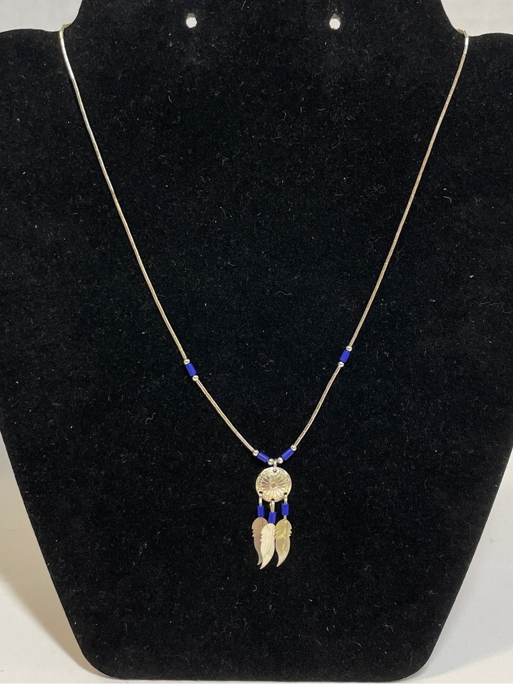 Liquid Sterling Silver Dreamcatcher With Silver And Navy Beads Chain 16" Vtg